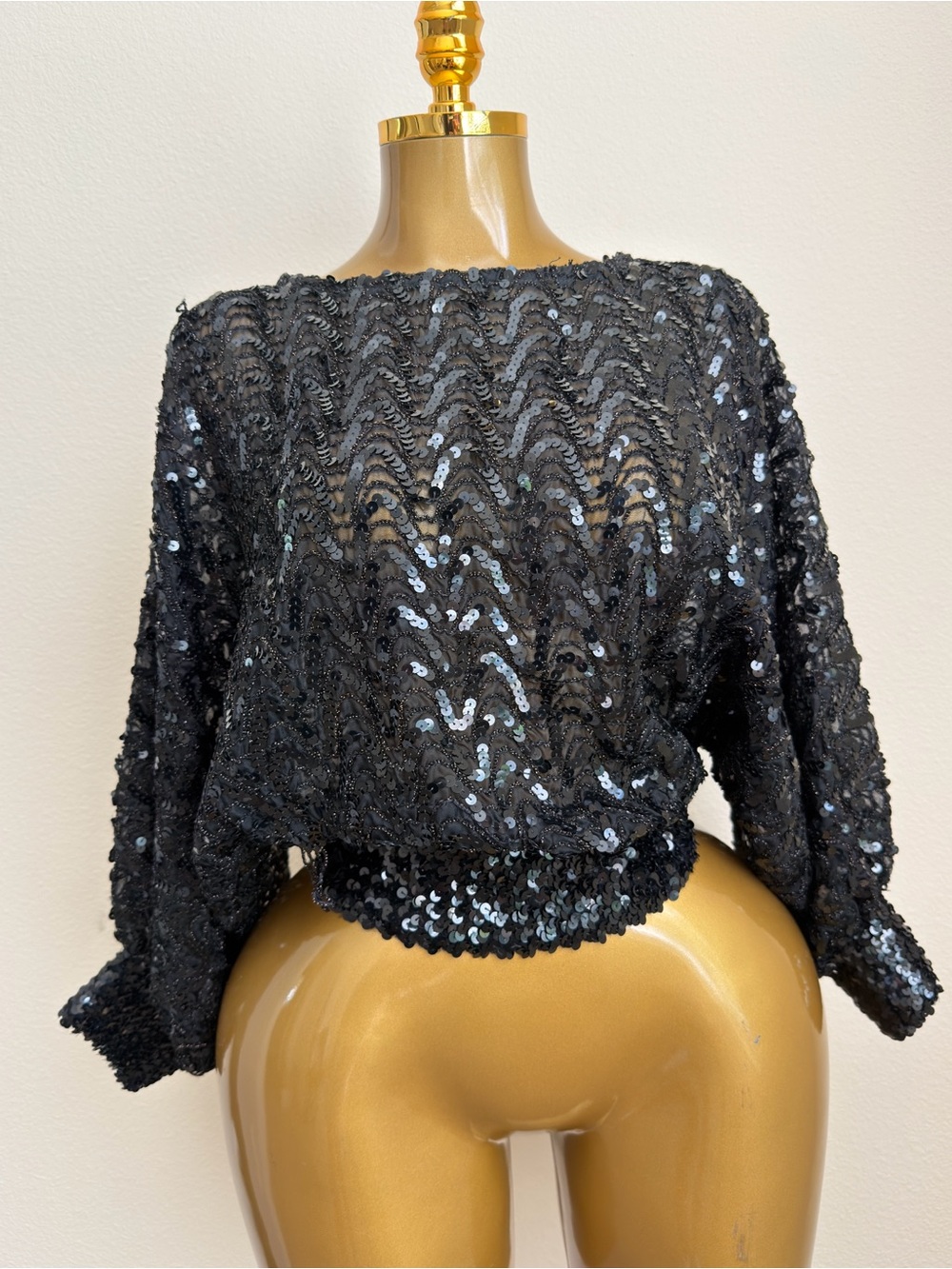 Black Sequin Long Sleeve Crop Top - Picture 2 of 4